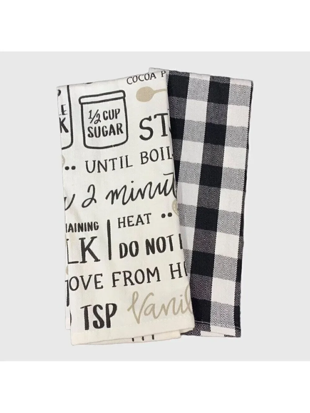 Hot Cocoa Marshmallow Kitchen Tea Towels Cotton Set Buffalo Check Black White